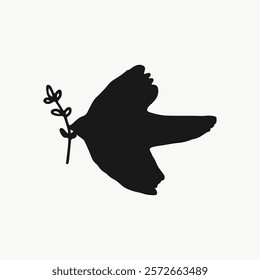 Silhouette of a bird holding a branch. Black bird silhouette, simple design. Bird with branch, minimalistic style. Peaceful bird silhouette, elegant and serene. Aesthetic vector illustration isolated.