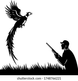 Silhouette of Bird Hunter with Rifle Hunting Pheasant Flying Up Retro Black and White