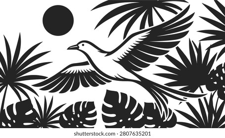 Silhouette of a bird with long tail feathers flying through a tropical jungle of palm and monstera leaves.