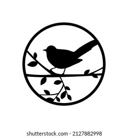 Silhouette of a bird on a branch in a circle. Outline.