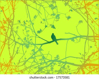 Silhouette of bird on branch with green background