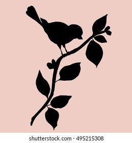 Silhouette of a bird on a tree branch. Hand drawn illustration with birdie. Bird's silhouete isolated on a pink background.