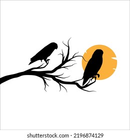 Silhouette de pájaro en la peluca del árbol con la luna 