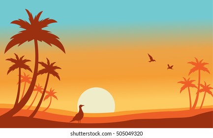 Silhouette of bird and palm landscaspe vector illustration