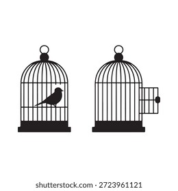 A silhouette of a bird perched inside an open birdcage next to another