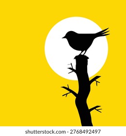 Silhouette of a bird perched on a branch against a vibrant yellow background and a large white moon