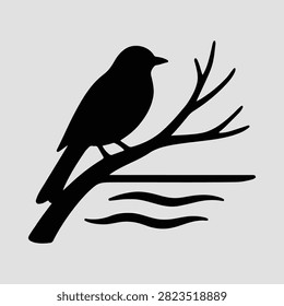 Silhouette bird perched on a branch over water Vector illustration
