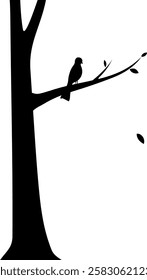 A silhouette of a bird perched on a tree Branch. A minimalistic black and white silhouette illustration of a lone bird resting on a tree branch. vector editable