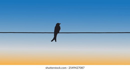 Silhouette of a bird perched on a wire against a vibrant gradient sky, designed as a minimalist vector art piece, ideal for nature-themed projects, greeting cards, and decorative designs.