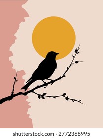 Silhouette bird perches calmly on slender branch. Sun rises softly behind its form, casting warm glow. Pink and beige hues create gentle, serene backdrop