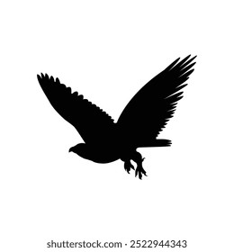 Silhouette of a bird of prey, likely an eagle or hawk, in mid-flight with wings spread wide and talons extended. The bird is isolated on a white background