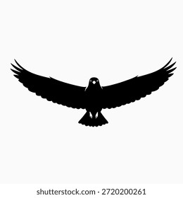 Una silueta de un ave rapaz con sus alas extendidas, alzándose sobre un fondo blanco. El pájaro parece majestuoso y poderoso.