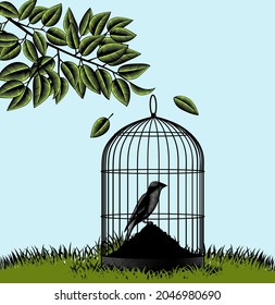 Silhouette of a bird sitting on a cage against the sky in the style of engraving. Ecology theme, environmental protection. Symbolizes freedom. Vector illustration 