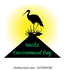 Silhouette of a bird stork in the nest on the roof isolated on a sunny background. Hand drawn lettering of World Environment Day. Vector illustration. 