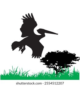 Silhouette of a Bird stork Perched on a Tree Against White Background Vector