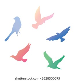 Silhouette of birds collection set vector illustration with beautiful gradient color. Icon of simple bird dove flying with modern color. Isolated vector cartoon for shadow, book, asset, element