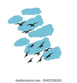 Silhouette of birds flying across blue clouds on a white background. Simple and elegant design, great for nature-themed art or minimalist tattoos.

