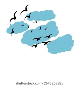 Silhouette of birds flying across blue clouds on a white background. Simple and elegant design, great for nature-themed art or minimalist tattoos.