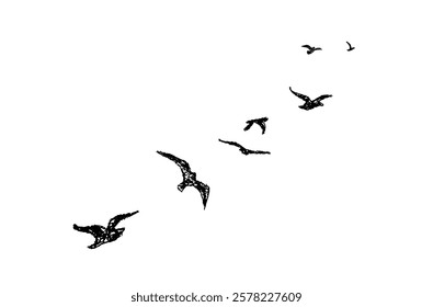 Silhouette of birds flying away. Shadow of flock of birds flying high in the sky drawn with wax pencil or pastel. Graphic element written with black charcoal pen. Vector illustration of simple bird