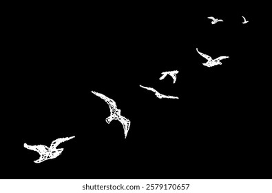 Silhouette of birds flying away. Shadow of flock of birds flying high in the sky drawn with wax pencil or pastel. Graphic element written with white charcoal pen. Vector illustration of simple bird.