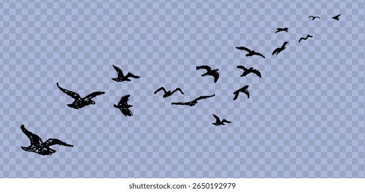 Silhouette of birds flying away. Shadow of flock of birds flying high in the sky drawn with wax pencil or pastel. Vector illustration of simple dove. Graphic element written with black charcoal pen.