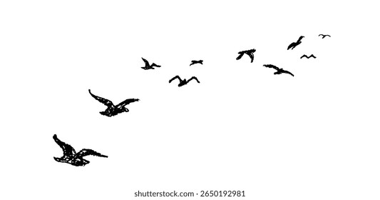 Silhouette of birds flying away. Shadow of flock of birds flying high in the sky drawn with wax pencil or pastel. Graphic element written with black charcoal pen. Vector illustration of simple bird