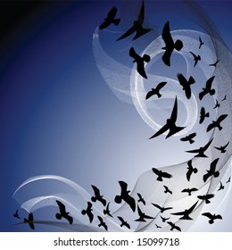 silhouette of birds flying in a dark sky