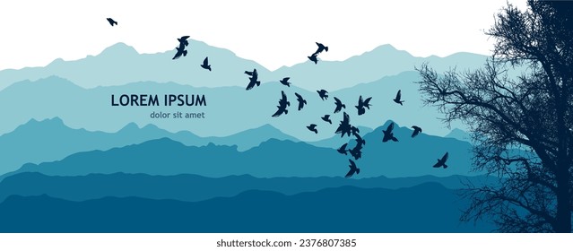 Silueta de pájaros volando sobre montañas azules - Hermoso paisaje con siluetas de montaña brumas azules. dibujo a mano. No IA, Illustrat3. Ilustración del vector