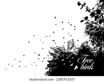 Silhouette of birds flying from the trees. Vector illustration. Art Design, Wall Decor isolated on white background. hand drawing. Not AI
