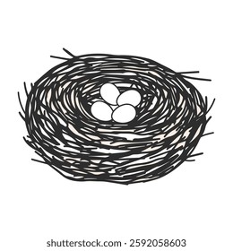 Silhouette of a bird's nest with eggs isolated. Vector hand drawn doodle illustration. Nesting Party.