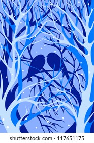 Silhouette of birds on a background of winter trees.season illustration
