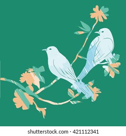 silhouette birds on branch with flowers - vector illustration
