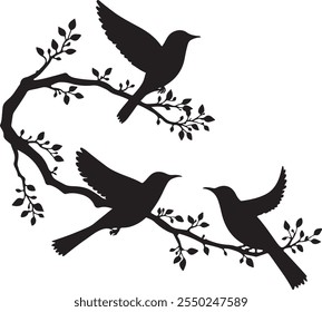 Silhouette of a birds on Tree Flat Vector Illustration