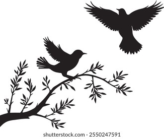 Silhouette of a birds on Tree Flat Vector Illustration