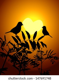 silhouette of birds on a tree hold shining solar heart. Vector