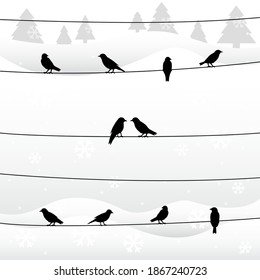Silhouette of birds on wires in winter background. Vector illustration.