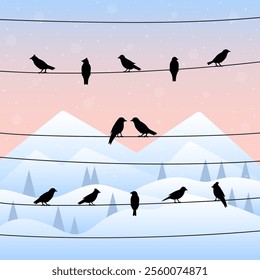 Silhouette of birds on wires in winter background. Vector illustration.