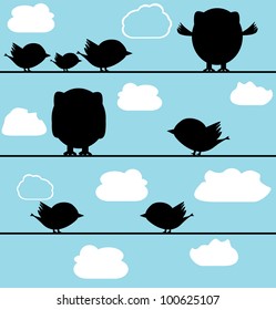 Silhouette of birds owl on a wire with clouds. vector illustration