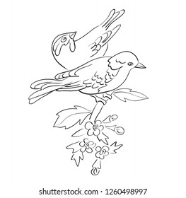 silhouette of birds sit on branch with flowers - vector couple