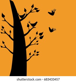 A silhouette  of birds sitting on the branches of a tree