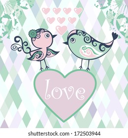 Silhouette birds with small decorative pattern. Abstract romantic heart. Card for Valentine's Day.