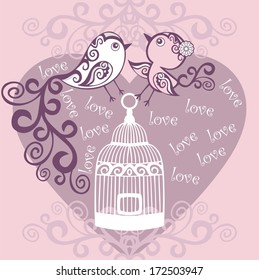 Silhouette birds with small decorative pattern. Abstract romantic heart. Card for Valentine's Day.