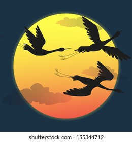 silhouette of the birds at sunset - vector