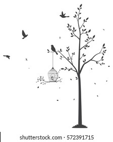 Silhouette of Birds with tree and birdcage