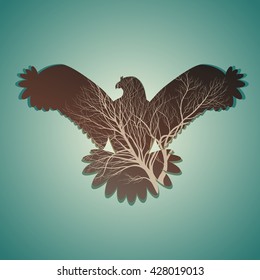 Silhouette of birds and tree branches cleavage, double exposure. All the elements are separated from each other. Vector. Use in design for decorating logos, signs, scrapbooking, wallpapers ...