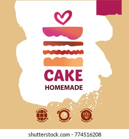 Silhouette birthday cake. Piece of party pie. Concept template logo for confectionery, bakery, candy shop. Sweet dessert decorated with stylized heart shape.