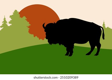 The silhouette of a bison against the background of the forest and sunset or sunrise.