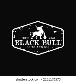 silhouette of bison bull buffalo angus playing football with vintage retro classic rustic grunge hipster hexagon label stamp badge emblem suitable for steak bbq barbecue grill house logo design