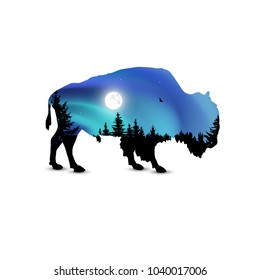 Silhouette of bison with coniferous trees on the background of colorful sky.  Moonlight. Northern lights. 