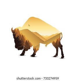 Silhouette of bison with golden pine forest panorama.